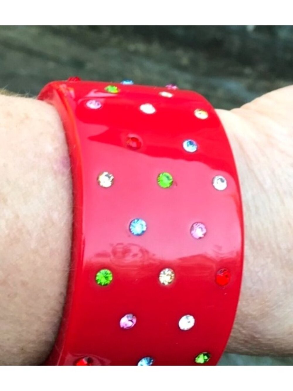 Chunky Wide Red Lucite Cuff Bracelet w/ Multicolor Rhinestones Runway Statement